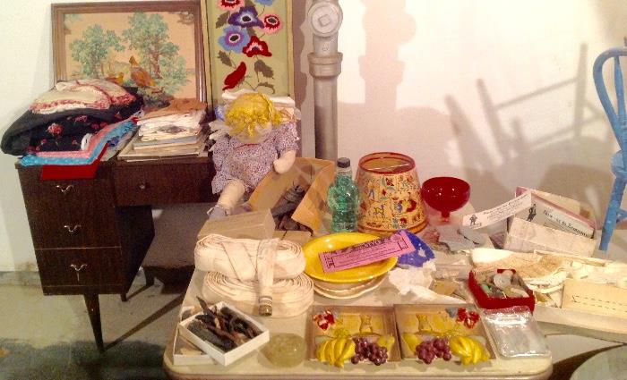 Vintage Sewing Machine Cabinet, Embroidered Framed Wall Art, Vintage Linens, Vintage Doll, Old Canvas Soaker Hose No. 3 Nebrasker, Old Handmade Collars, Vintage Tilso Japan Ceramic Wall Art, Vintage Lamp Shades