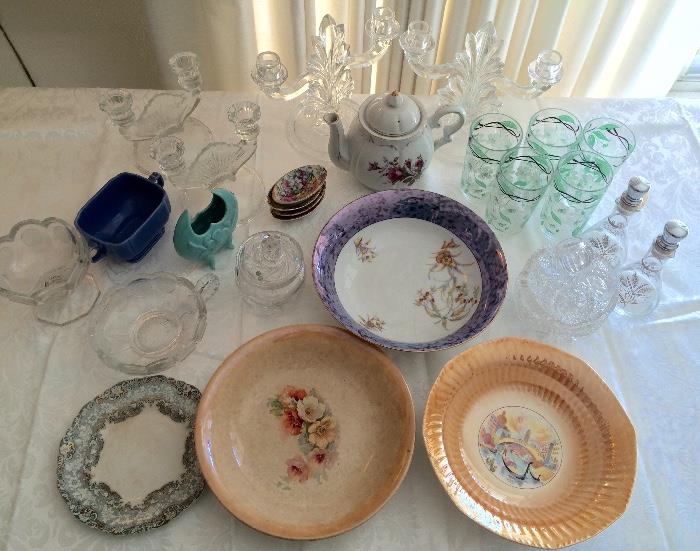 Fostoria compote and dish , Alfred Meakin plate, Camark pottery, Crystal candlestick holders and West Virgina Glass