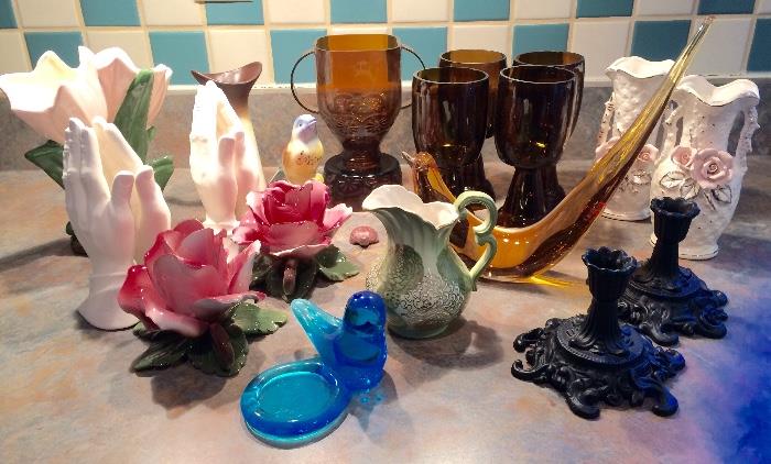 Titan Art glass Bluebird, Italian Porcelain Flowers and assorted glassware