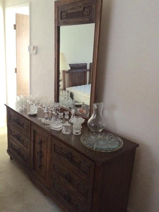 Mid century Dresser with mirror crystal glassware