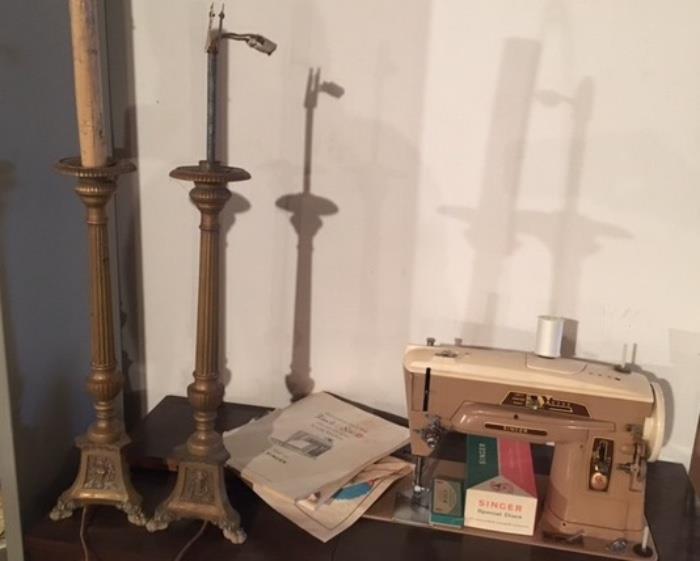 Alter candles ( electric) from old church 32 inches high and singer sewing machine with manual