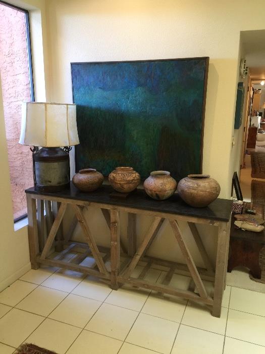 Assorted old pots painting above signed by listed artist
