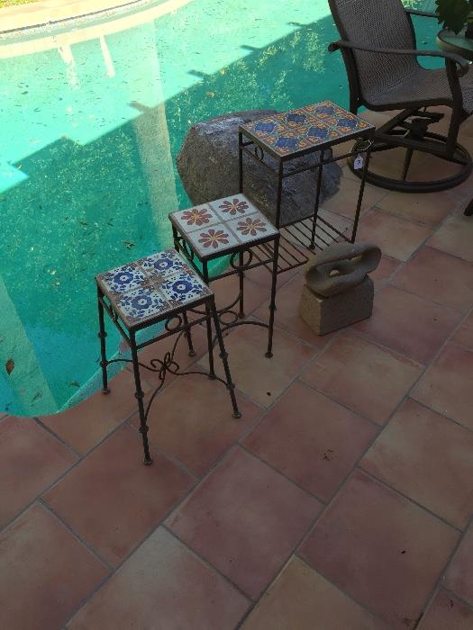 assorted iron & tile garden tables