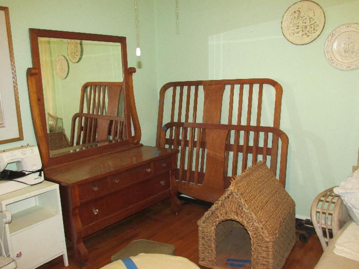 Antique Birds Eye Maple Dresser and Full Size Bed plus Wicker Doghouse
