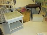 Vintage Wicker Table, Oak Side Table and Brass Trunk
