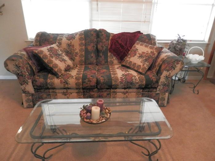 Sofa, iron & glass coffee table & end table - coffee table sold.