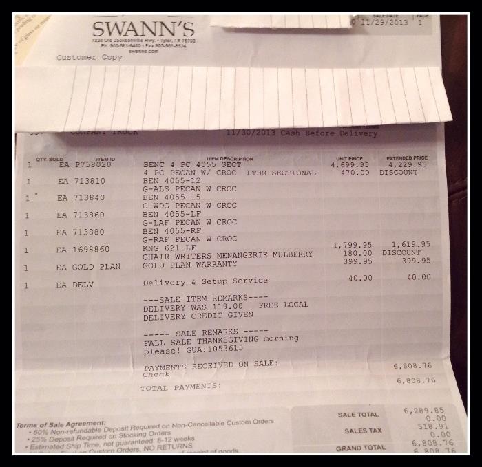 Receipt for leather sectional from Swann's Furniture Store 