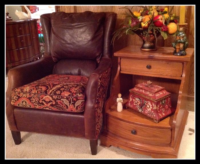 Leather and tapestry recliner, end table with drawer storage