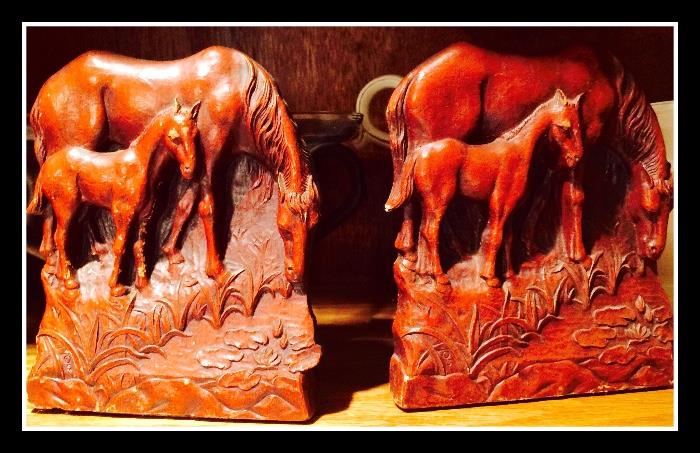 Carved horse bookends