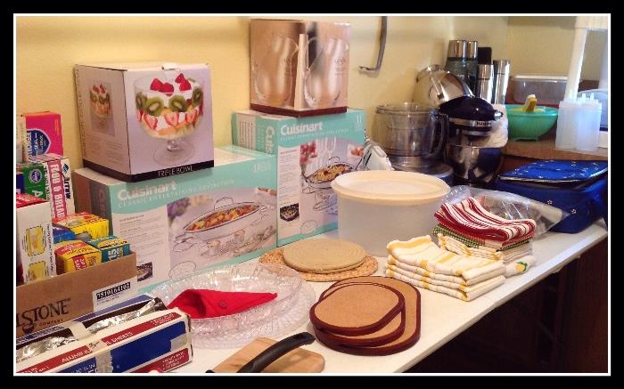 Many kitchen pieces, entertaining accessories in original boxes...including cuisine the and Mikasa 