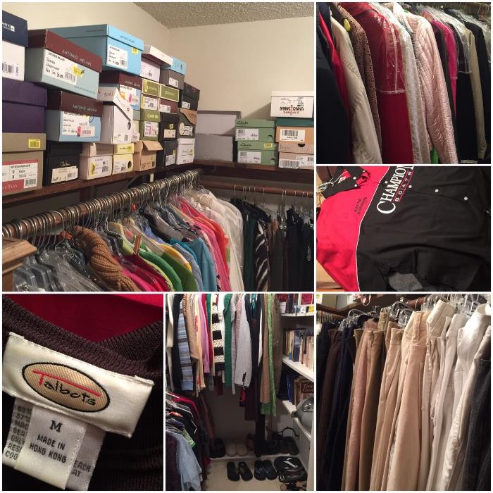 Four closets full of clothes, shoes, and purses. Most are Talbots, Chicos, and Dillard's. They are size medium and large. Men's clothes are xlt and 2xltall and include like new suits and quality brands such as Polo, L.L. Bean and size 13 Rockport shoes. 