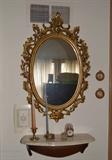 Ornate Gold Wall Mirror / Antique Mahogany Wall Shelf with Marble Top