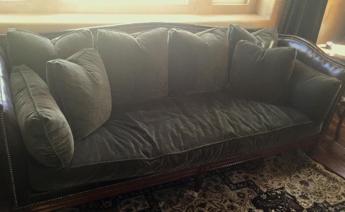 Great French leather and velvet nail head sofa.  By Drexel Heritage Lillian August