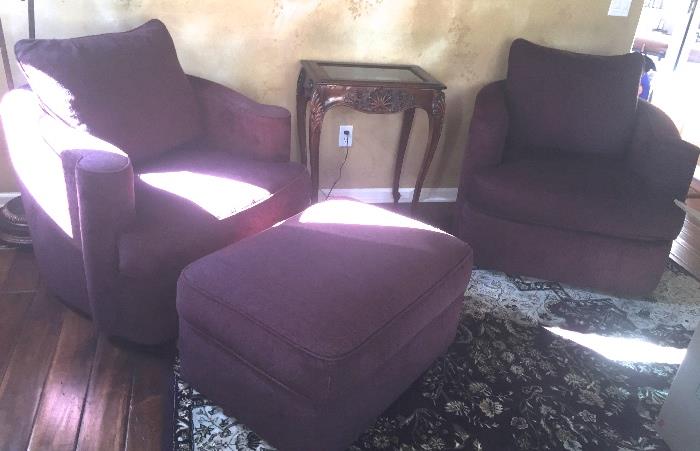 Two BERNHART  swivel purple chairs and ottoman.  Will get better pics, the light at this time of image was bad. 
