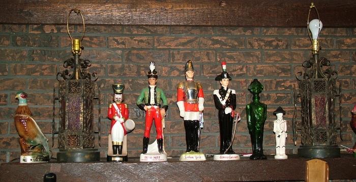 Converted dungeon style iron lanterns w many militia & Game bird Jim Beam decanters