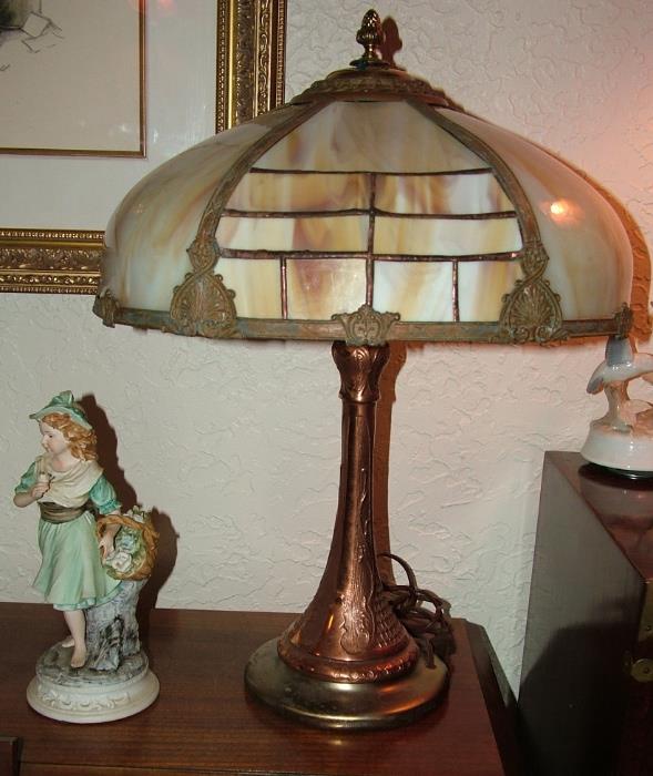 Vintage Ornate Bronze Table lamp with Slag glass shade