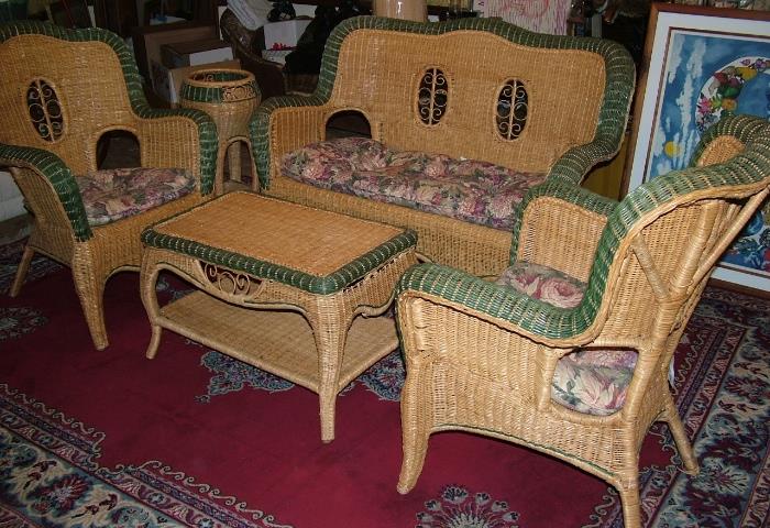 6 Various Wicker Pcs: Loveseat, 2 side chairs, 2 Coffee tables, 1 plant stand all on beautiful 9x12 scarlet tapestry rug