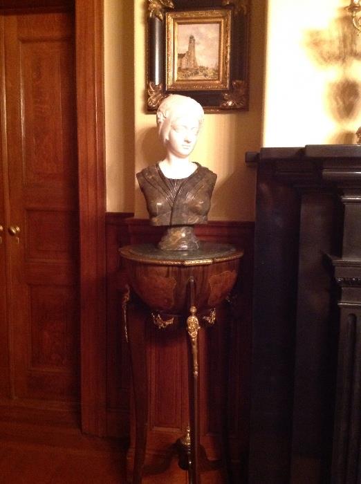 Pair of French style marble top pedestals, pair of 20thc two color marble busts of women