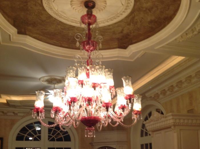 Massive crystal clear and cranberry chandelier