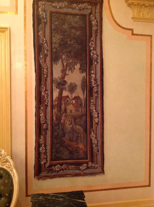 One of a pair of scenic tapestries painted on fabric