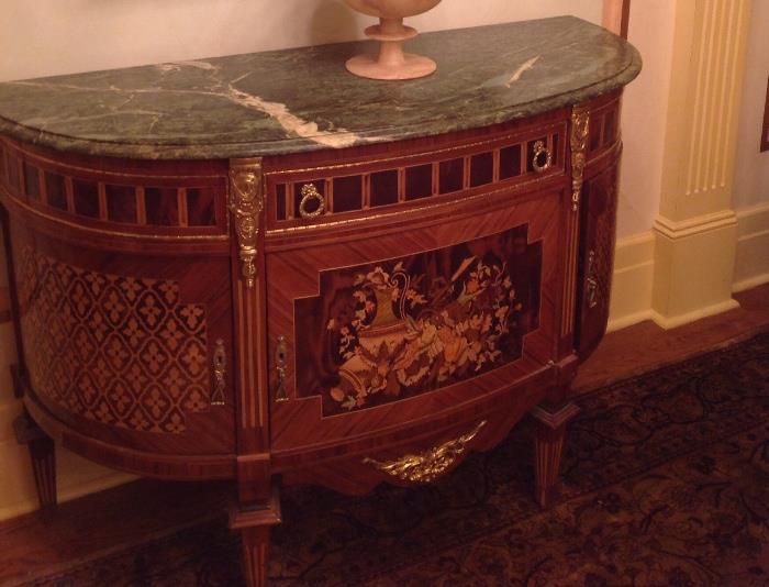 20thc French style marquetry marble top demi lune commode