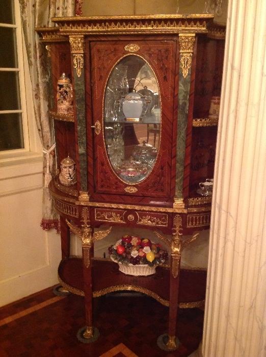 20thc French style inlaid curio cabinet with marble and ormolu accents