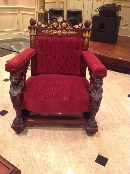 19thc French Empire style mahogany chair with matching sofa with lion heads and ormolu