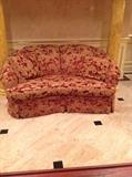 Red and gold damask sofa and matching loveseat