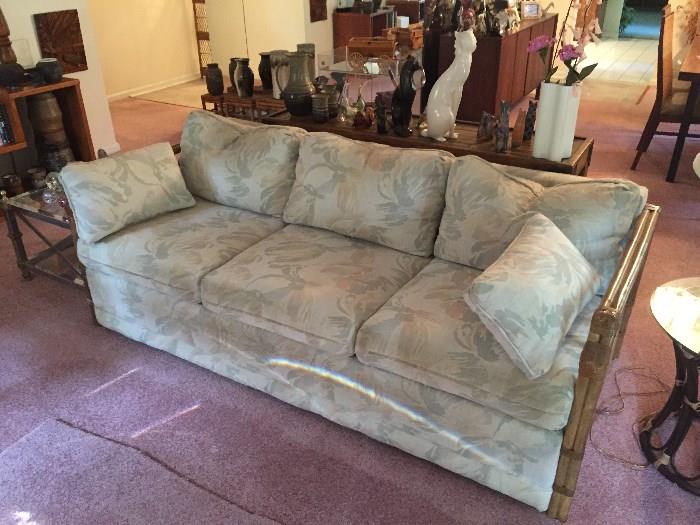 Bamboo turned fruitwood and upholstered sofa in excellent condition.
