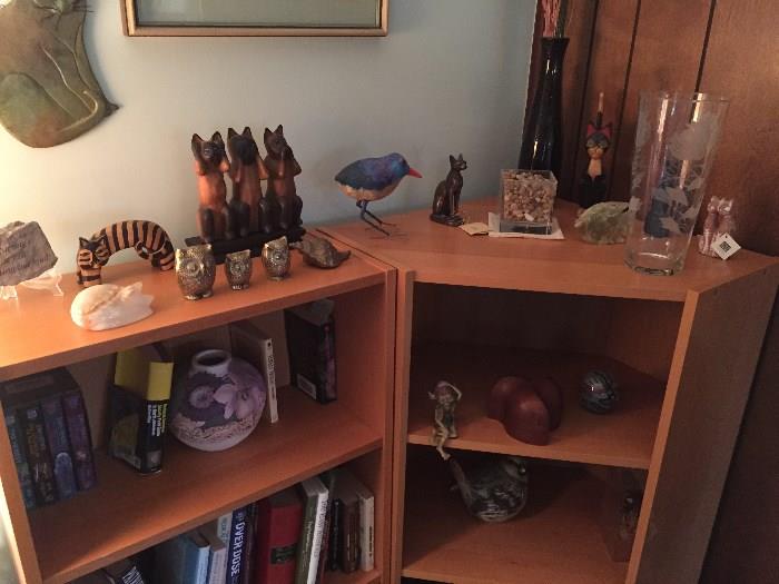 Collection of assorted ceramic, glass, 
wood, stone and brass, figurines, vases, 
cabinet articles, including many cat items.
