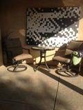 Patio Furniture. Small Table and Two chairs.  Artwork.