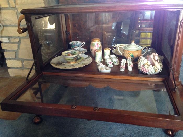 Antique English Tea cart. Beautiful condition. Original caning on side. Lefton china, Lefton shoes, Lefton geese and violin