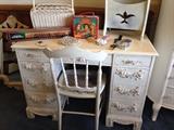 Antique shabby chic style desk. Vintage Dukes of Hazard lunch box, vintage magazine holders