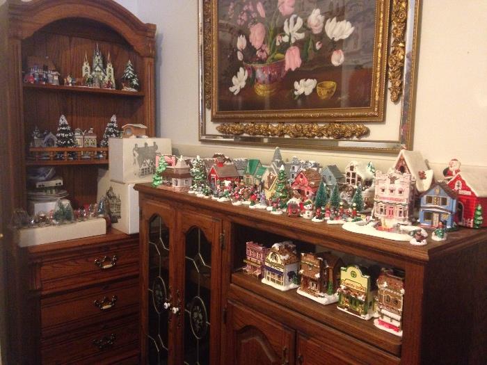 hand painted Christmas village, Dickens Christmas village, oak furniture, one of a kind beautiful antique framed artwork