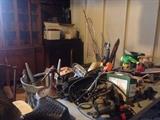 antique china cabinet, antique radio/TV, hand tools, fishing poles