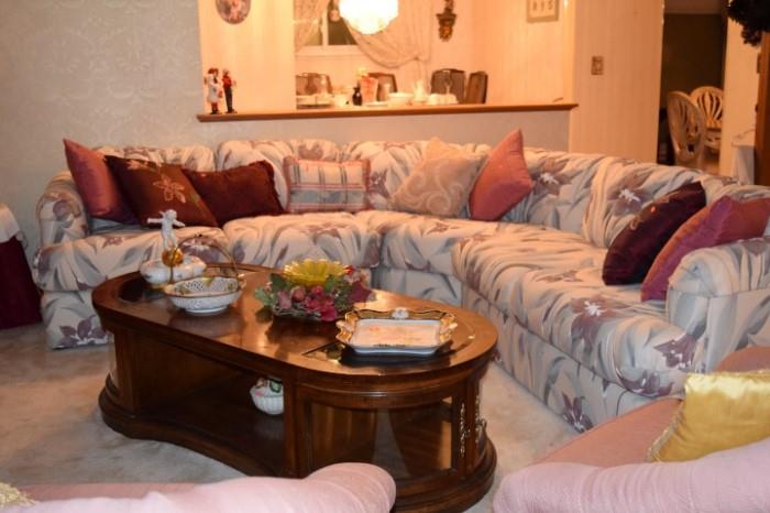 Broyhill Sofa, Coffee Table, Throw Pillows, Porcelain Dishes, Stemware, Art