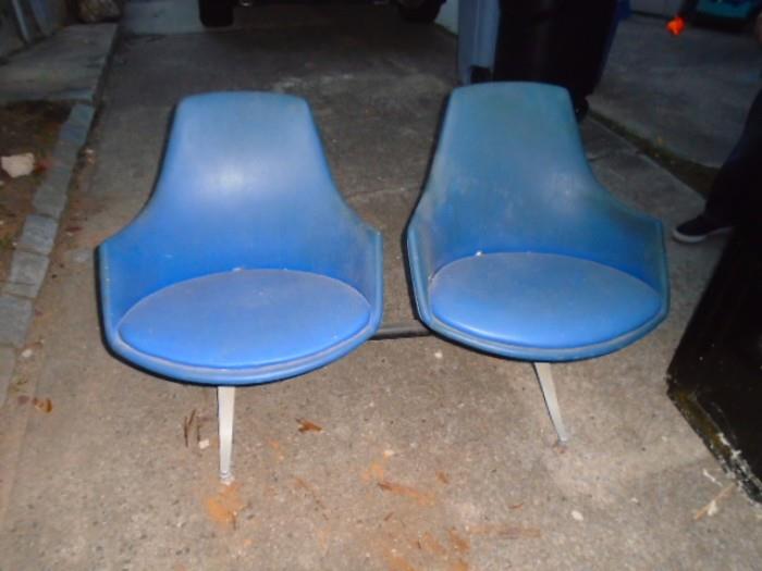 Mid Century Designer Attached Chairs/ Loveseat removed from Eastern Airlines terminal at Kennedy Airport. Could use a cleaning and one seat needs a repair, but where are you going to find another pair. 