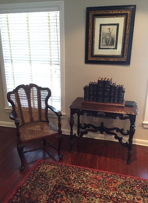 Beautiful antique cane arm chair and library table...