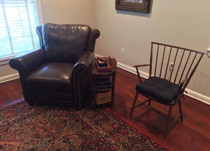 Very nice and like new leather recliner club chair and an vintage country chair. 