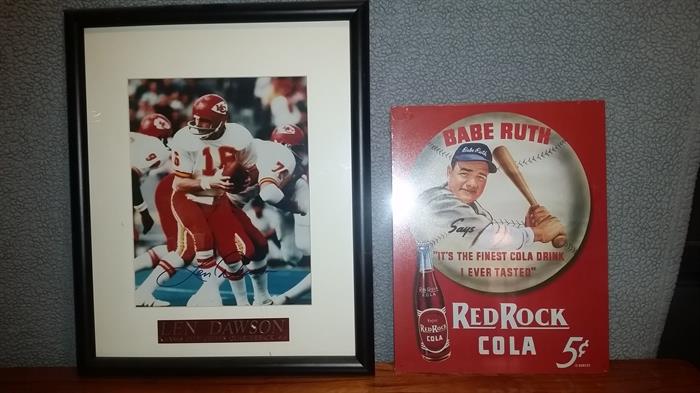 Kansas City Chiefs Len Dawson signed/autographed photo & Babe Ruth Red Rock Cola sign