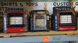 Three (3) Mr Heater LP gas heaters with one A/C power converter/charger - assorted sizes/models