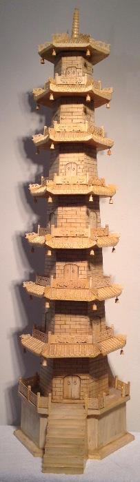 4 FEET, 6 INCHES TALL JAPANESE 6 TIERED, HAND CARVED BONE PAGODA