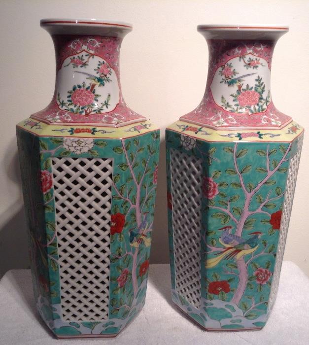 Pair of Famille Vert, Hexagonal Urns with Pierce-work Panels, ready to be made into lamps