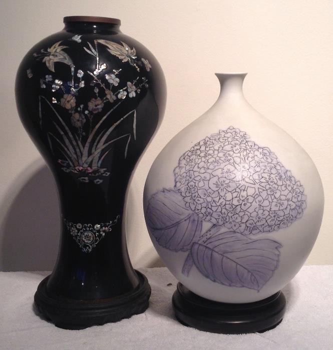 Mother-of-Pearl inlayed Lacquered Vase & 12” Signed Japanese Art Porcelain Vase (Los Angeles Seibu Tag on Base)