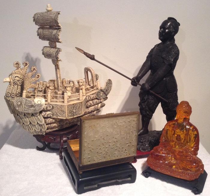 14” Japanese Ship Carrying the 7 Gods of Good Fortune, Hand Incised & Painted Bone; Patinated Art Metal "Samurai"; Pierced Aventurine Panel mounted on box; Restored Amber Seated Buddha