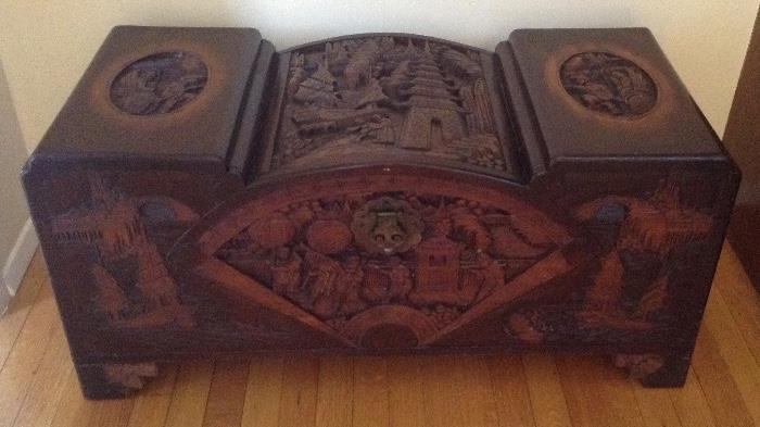 Vintage Large Carved Camphor Chinese Trade Chest, carved on top, sides, front and back