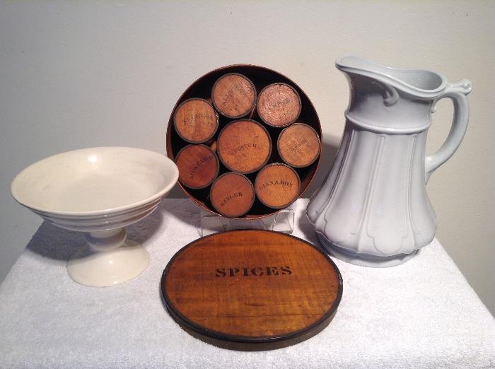 Antique Wooden Spice Holder and Ironstone