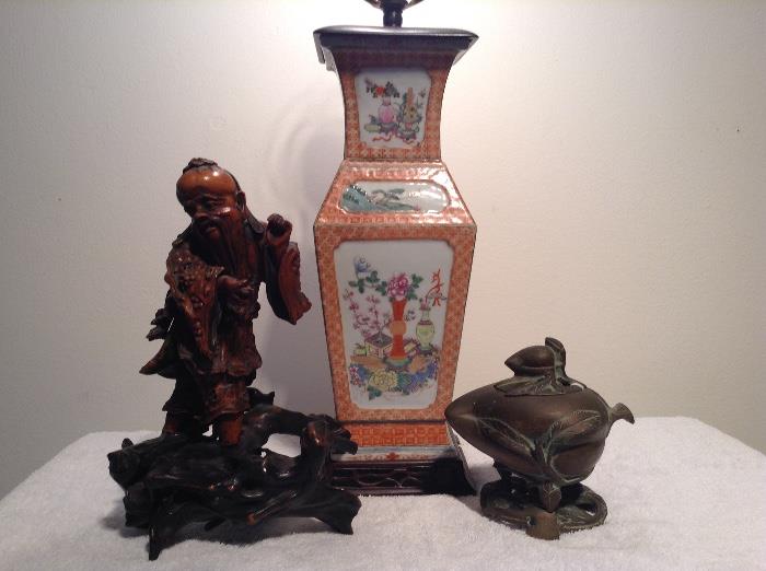 Hand carved Chinese Sage on stand, Hand Decorated Glazed Ceramic Lamp, Cast Brass Incense Burner in the Peach (Immortality) form on stand