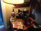 Spartan Sewing Machine, antique books, oak Windsor type chair, Vintage Tele-flora