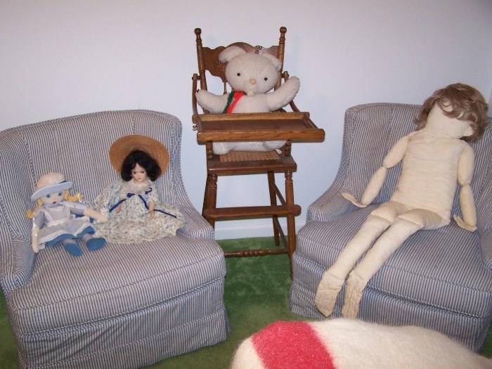 PAIR OF EASY CHAIRS, DOLLS , OLD HIGH CHAIR